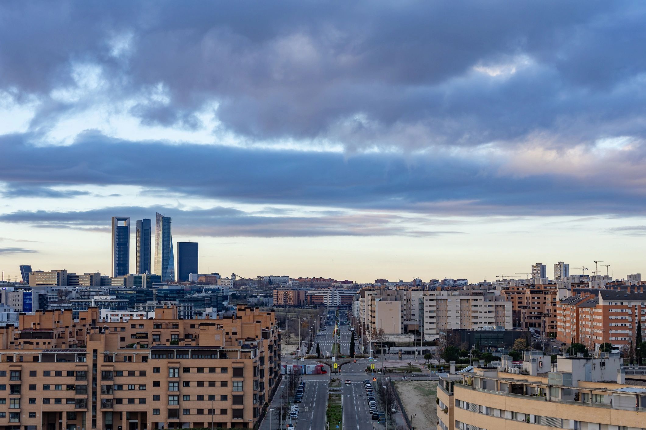 Madrid skyline at morning with cuatro torres business area
